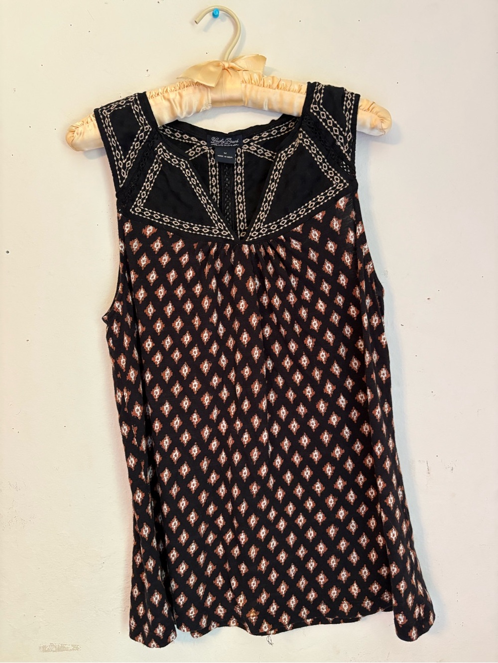 Lucky Brand Black Tank Top with Cream and Brown Diamond Print